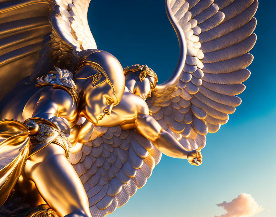 Golden Winged Warrior Statue Against Vivid Blue Sky