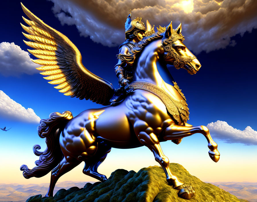 Majestic winged horse with armored rider against dramatic sky