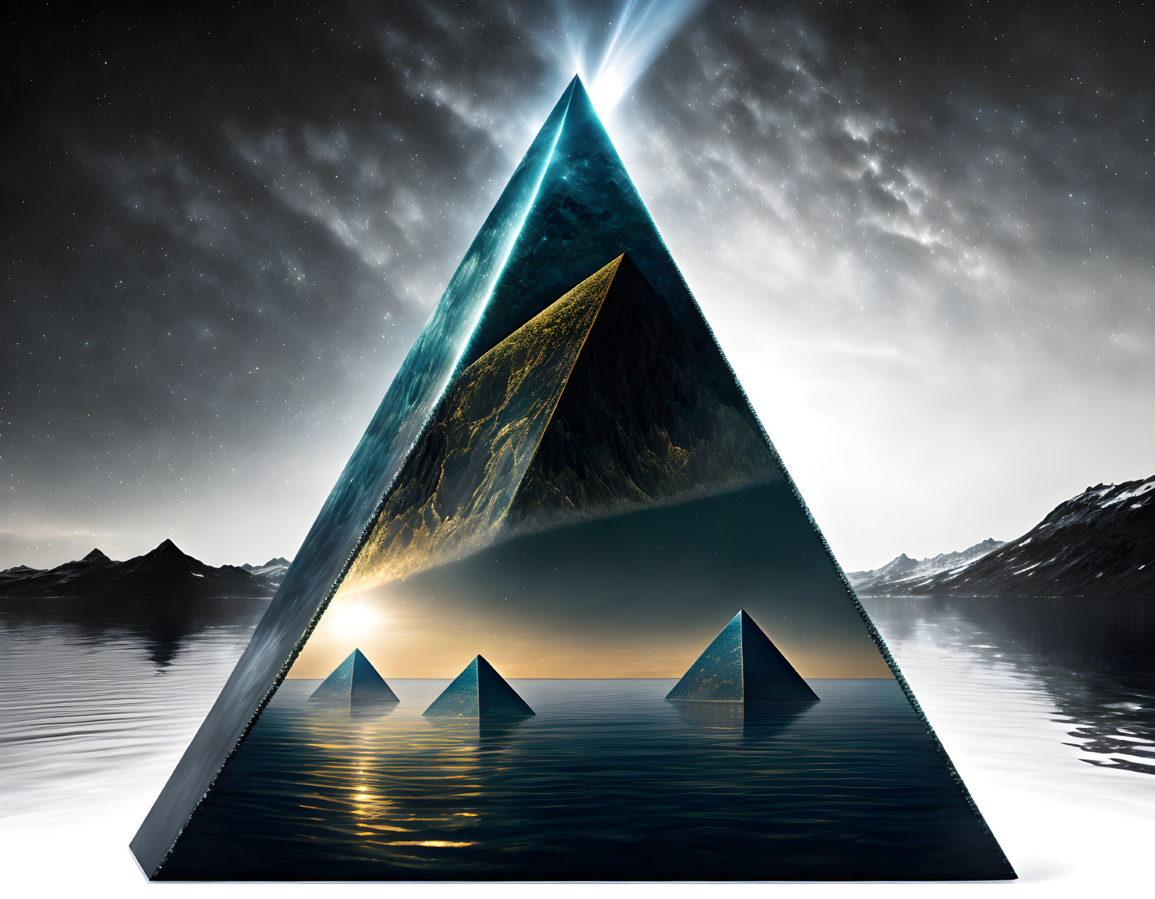 Large Illuminated Pyramid Emerges from Dark Ocean