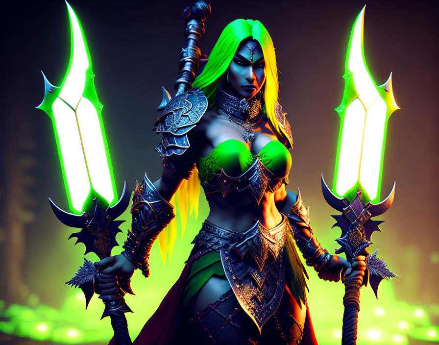 Fantasy female warrior with green hair and glowing dual swords in ornate black armor under mystical light