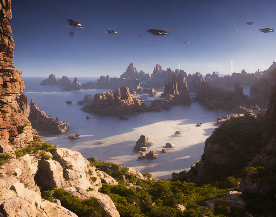 Majestic rock formations, river, greenery, and futuristic ships in serene landscape