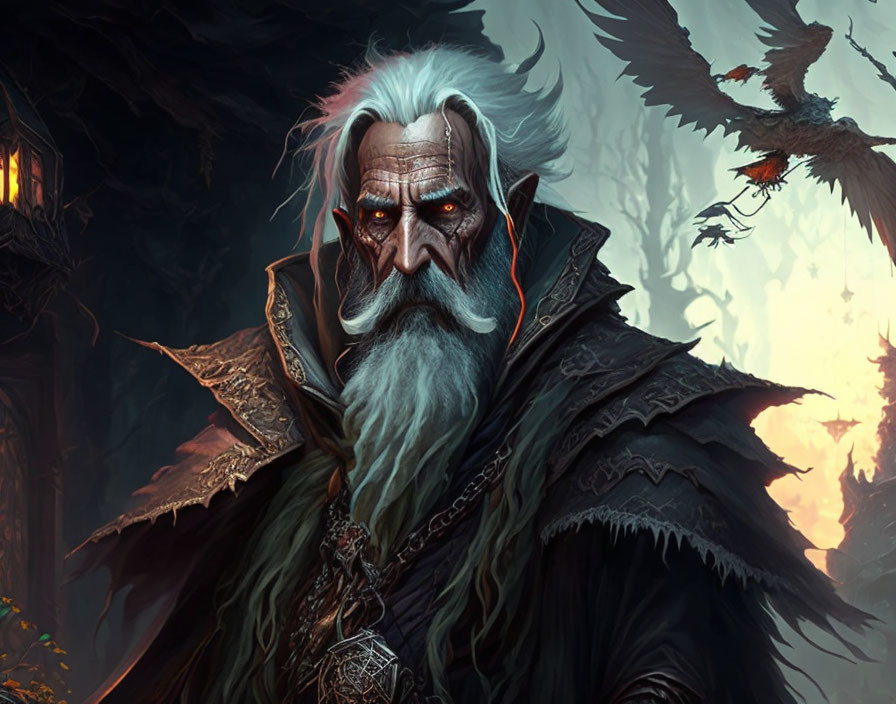 Elderly fantasy character in dark armor in creepy forest