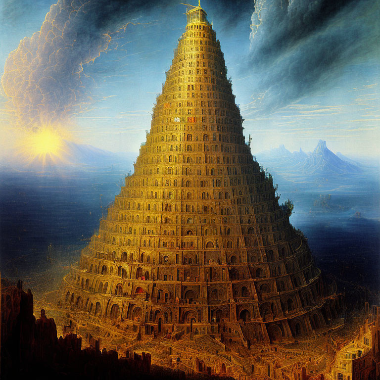 Tower of Babel Painting with Sunlit Sky and Mountains in Background