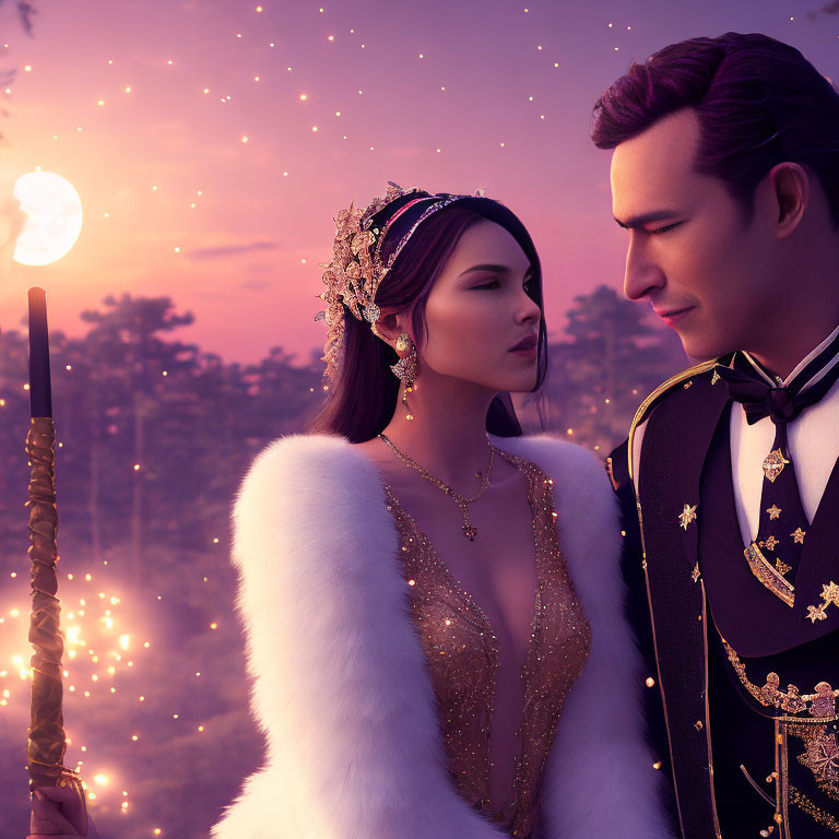 Illustrated elegant couple in crown and military-style jacket under starry sky