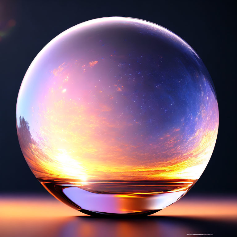 Crystal Ball Sunset Reflection Landscape Stars Dark Background