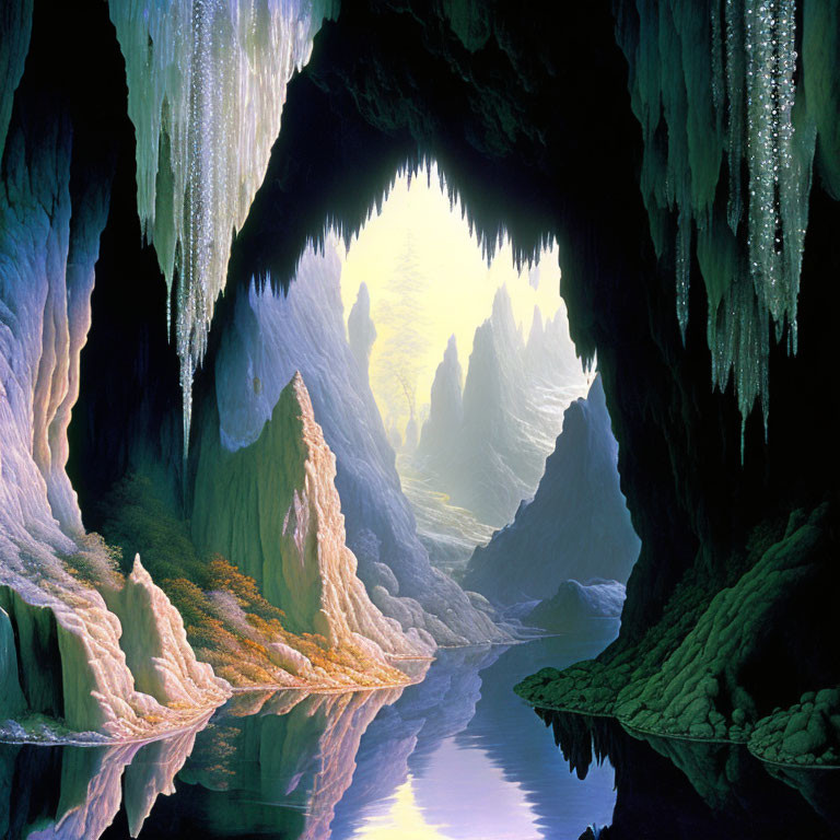 Tranquil cave with stalactites, water surface, silhouetted trees, yellow twilight