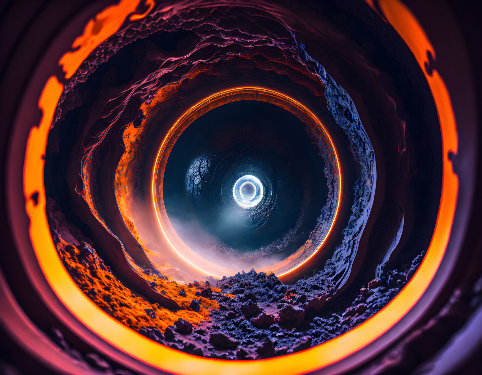 Vibrant swirling patterns in fiery tunnel design