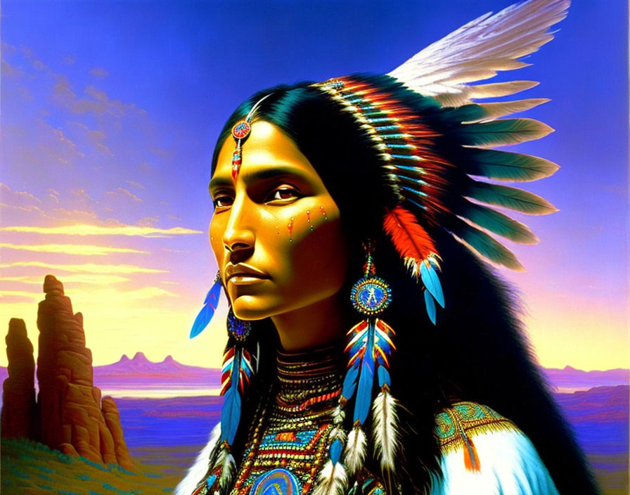 Native American figure with traditional headdress in sunset desert scene