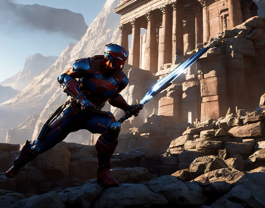 Futuristic warrior in blue and red armor with glowing sword in ancient ruins.