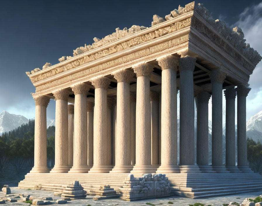 Classical Greek temple digital rendering with Corinthian columns