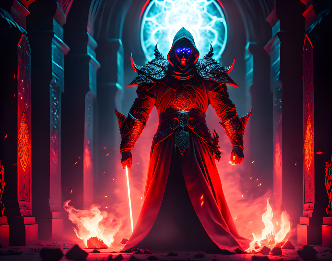 Hooded figure in ornate armor in fiery gothic cathedral with mystical orb