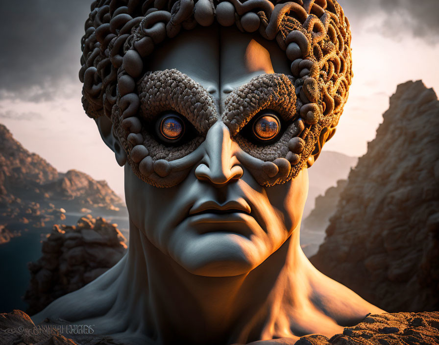 Surreal stone face with mask-like eyes in cliff backdrop