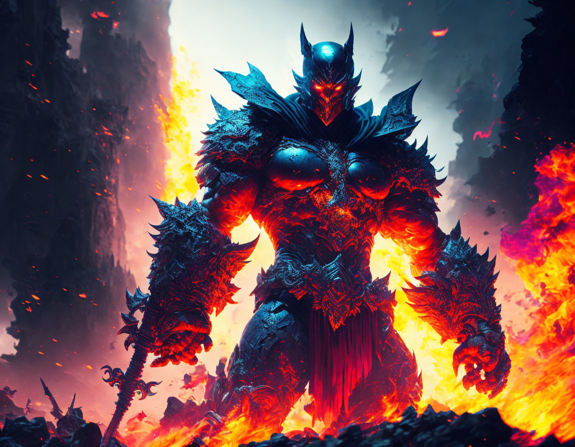 Armored figure with glowing eyes in fiery landscape