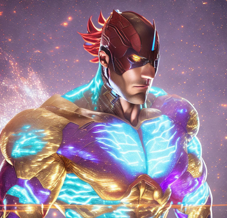 Superhero digital artwork: glowing blue armor, red metallic mask, cosmic starry background