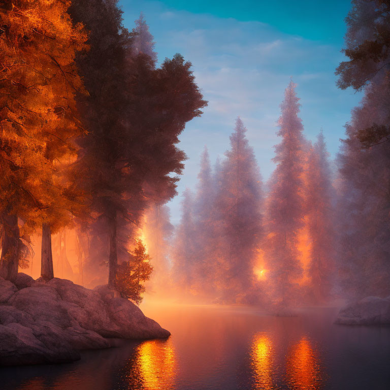 Tranquil forest scene: tall trees mirrored in calm lake at misty sunrise