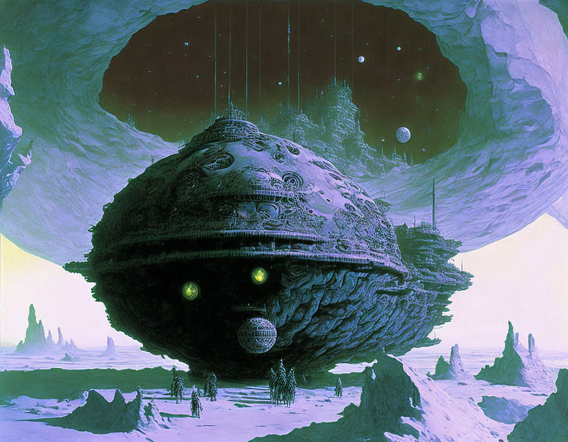 Intricate spherical spaceship above alien landscape with light beams