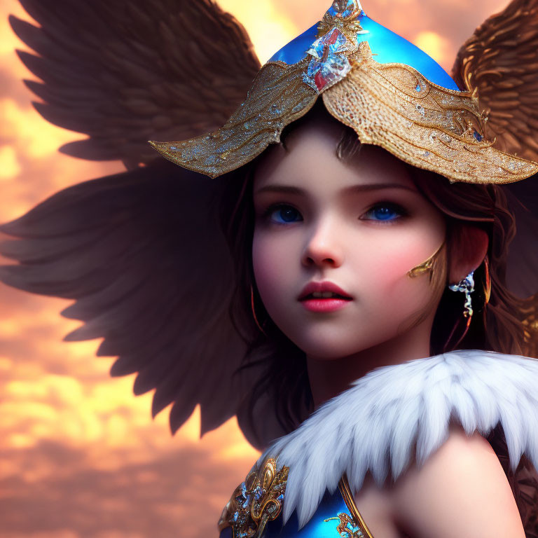 Digital Artwork: Girl with Angel Wings and Blue Hat on Soft Background