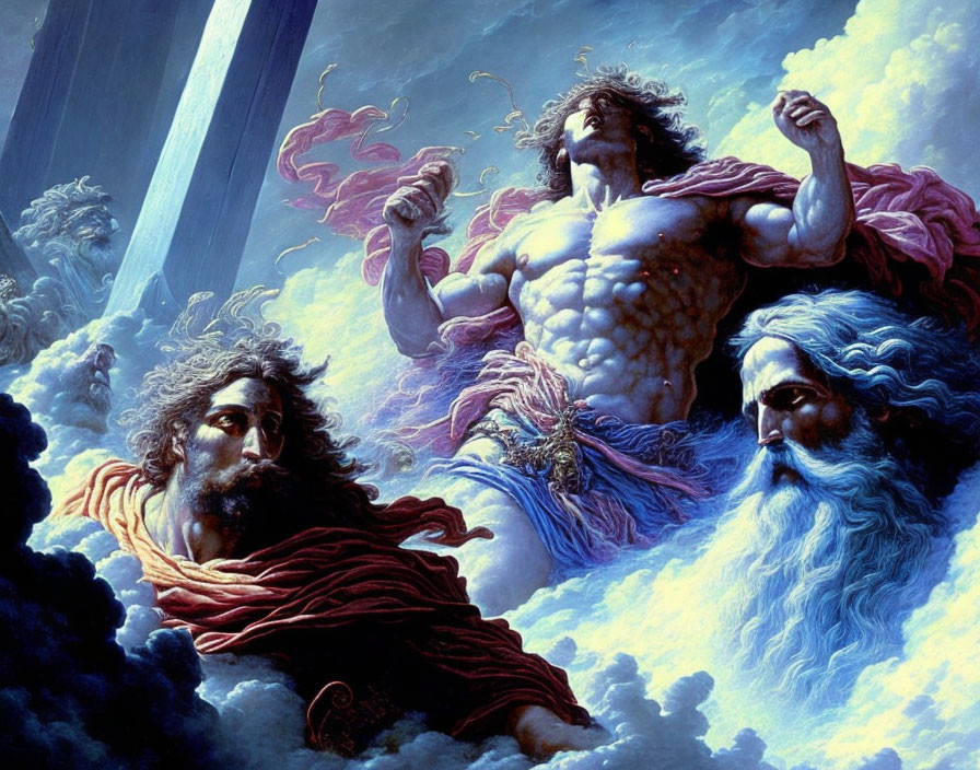 Vibrant painting of three mythological figures in dramatic setting