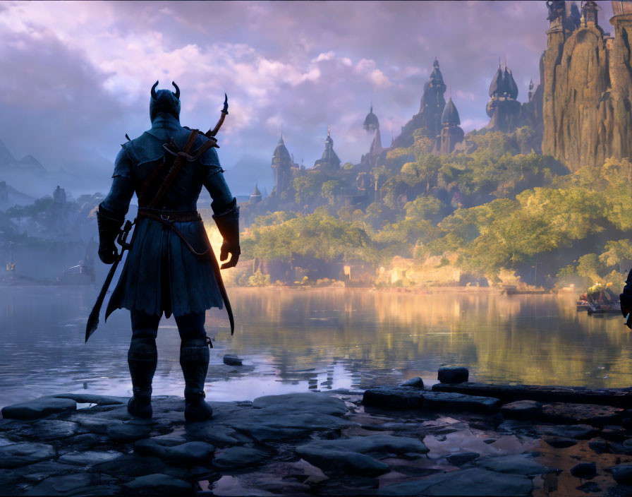 Knight in armor by serene lake facing mystical castle at dawn or dusk