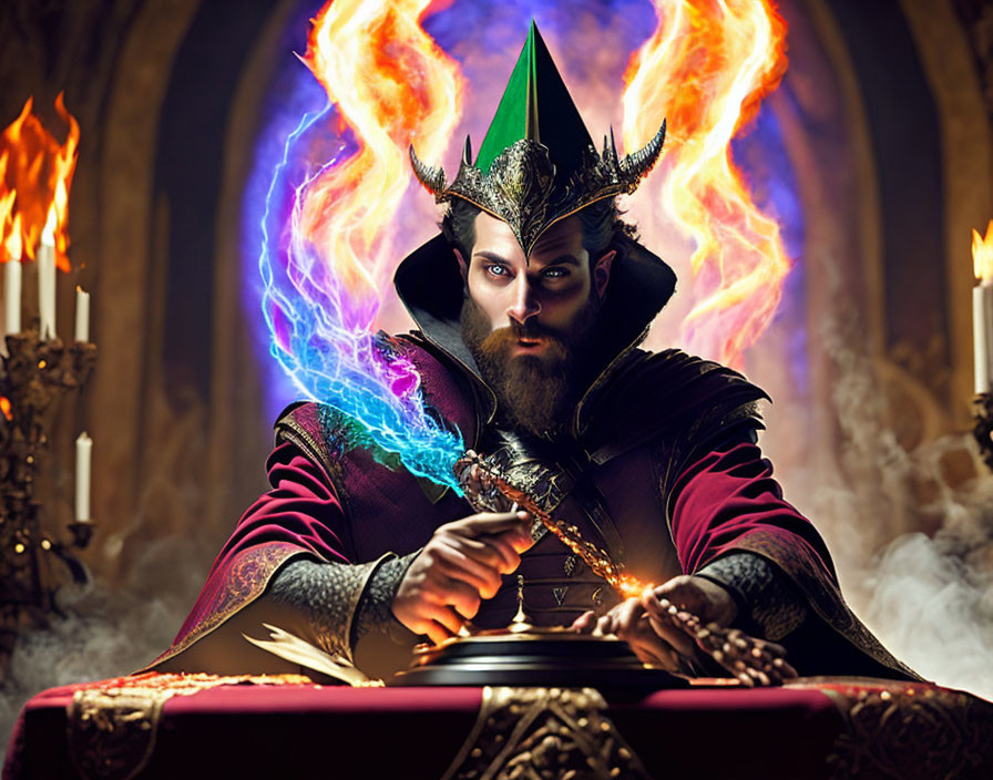 Majestic sorcerer with fiery crown and icy beard in grand hall