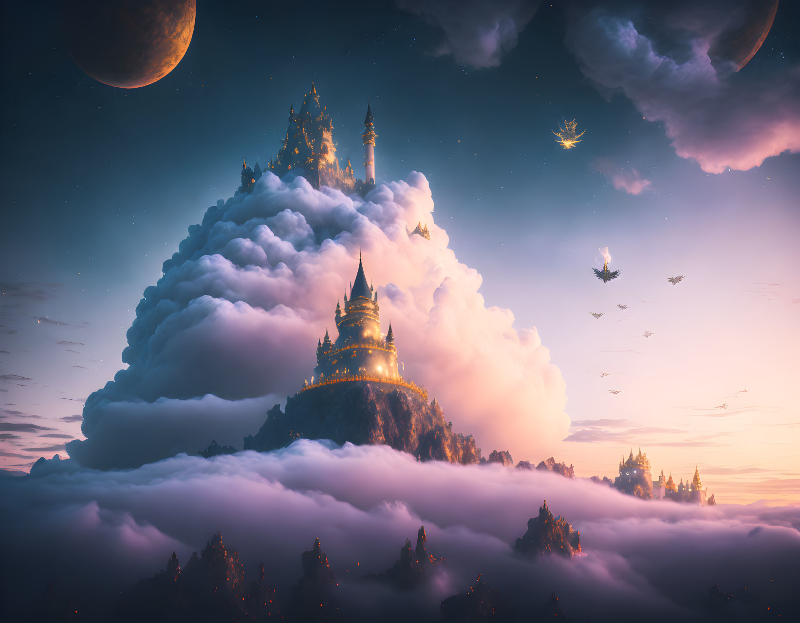 Fantastical castle on cloud-covered peak with floating islands and celestial bodies