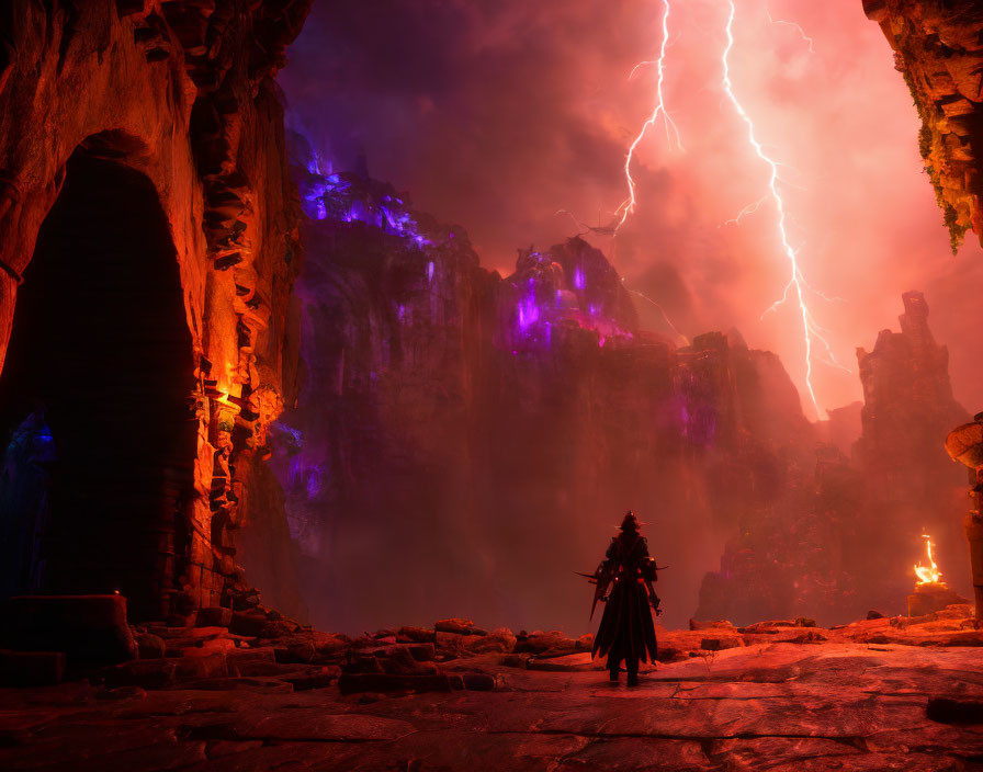 Mystical cavern scene with robed figure and lightning bolt