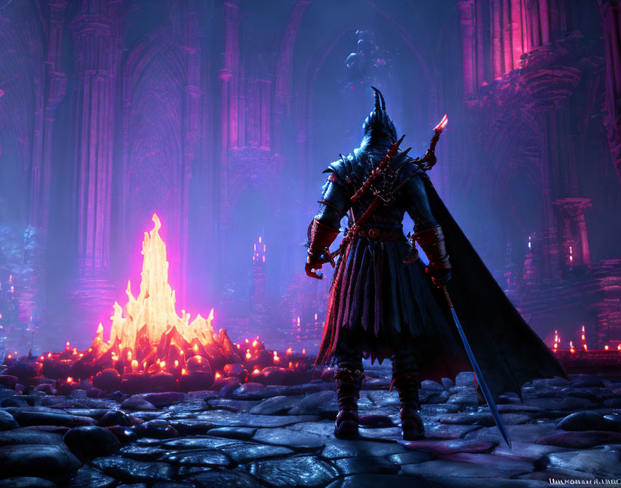 Knight in Dark Armor Stands by Glowing Bonfire in Gothic Cathedral