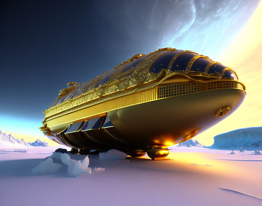 Golden airship with intricate designs over snowy landscape and comet in bright sky