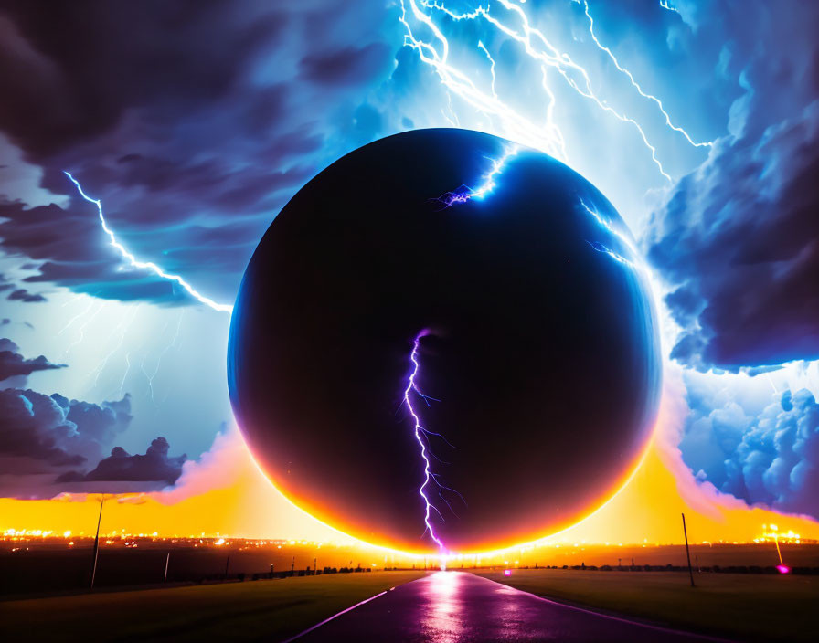 Dark sphere on road under stormy sky with lightning strikes