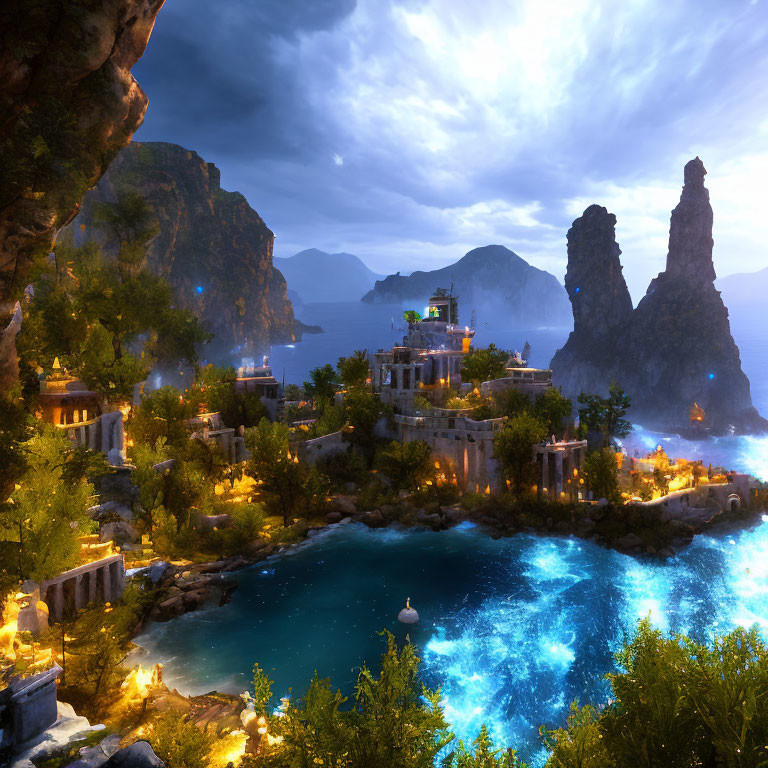 Twilight coastal landscape with ruins, luminous waters, rocks, and mountains