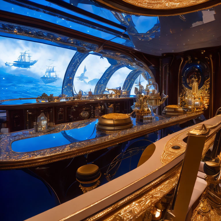 Opulent Interior with Gold Detailing and Undersea-Themed Paintings