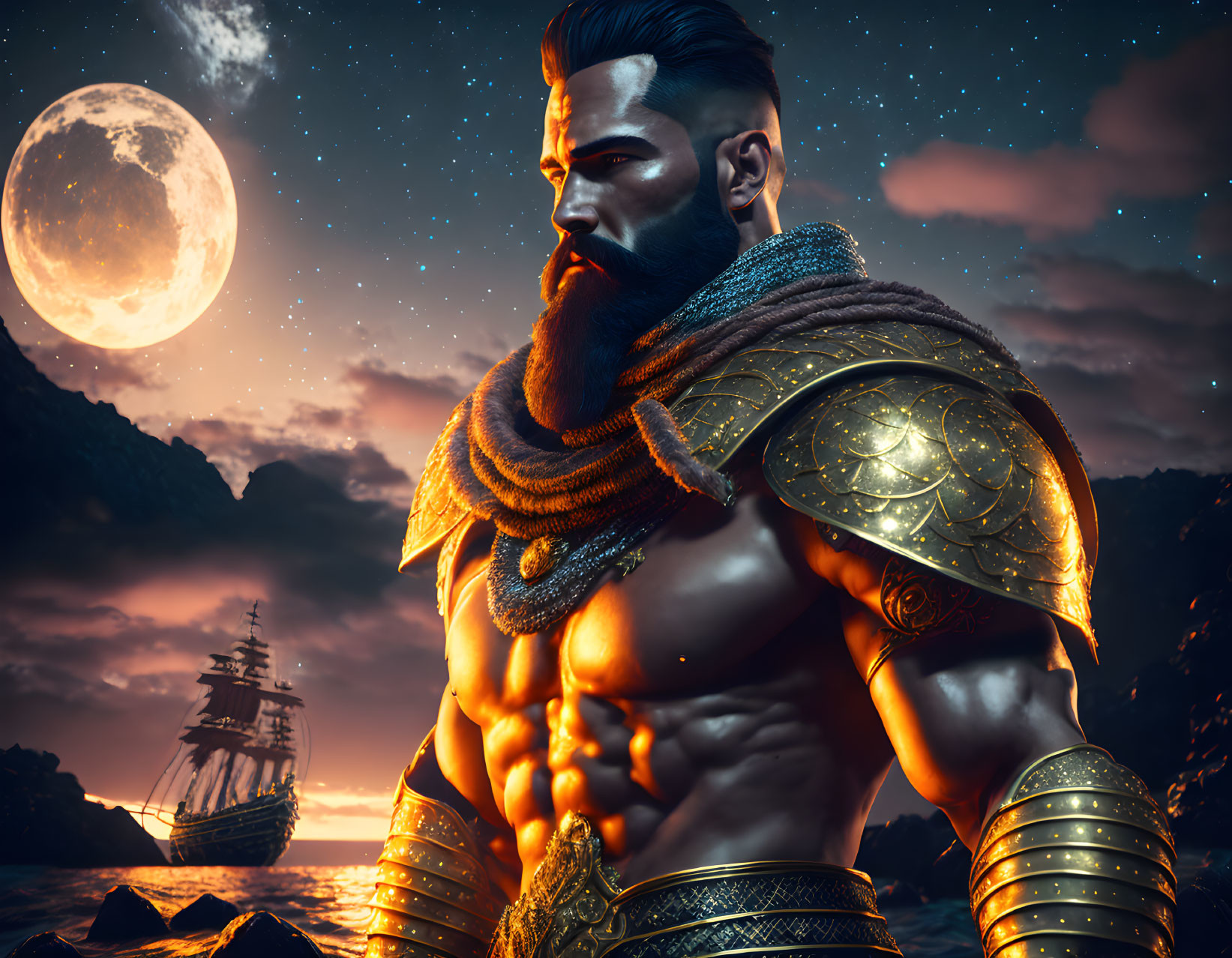 Muscular warrior with beard, tattoos, and golden armor by sea at dusk with full moon and sailing