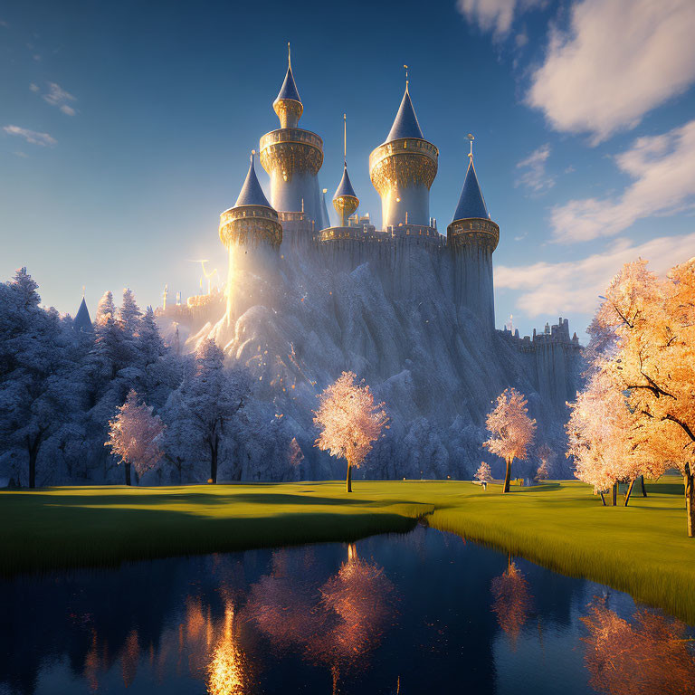 Majestic fairytale castle on cliff with spires and golden domes surrounded by lush trees