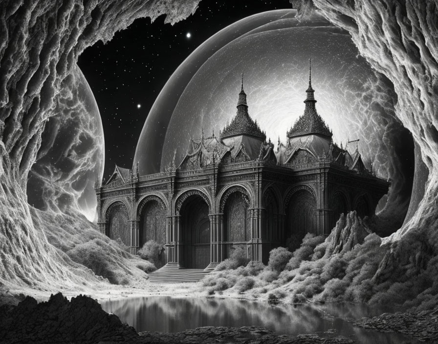 Monochrome fantasy landscape with ornate architecture under starry sky