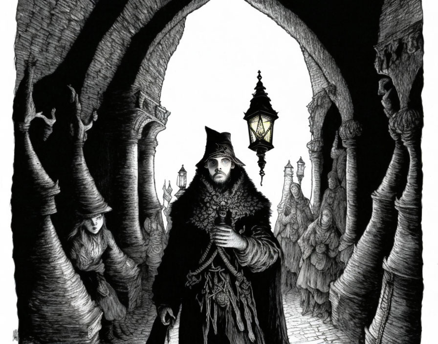 Mysterious cloaked figure with lamp in stone archway surrounded by eerie silhouettes.