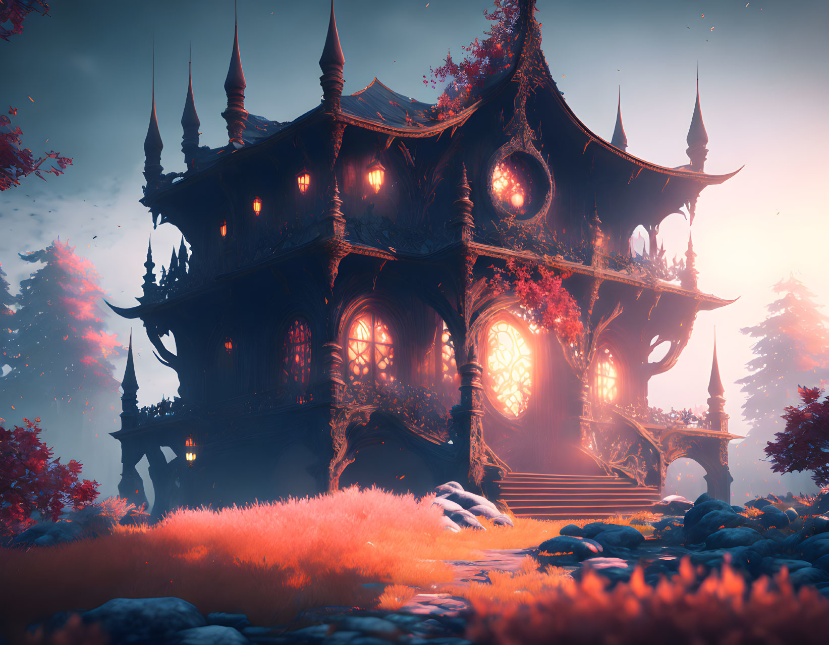 Mystical fantasy temple with ornate roofs in sunset-tinted landscape