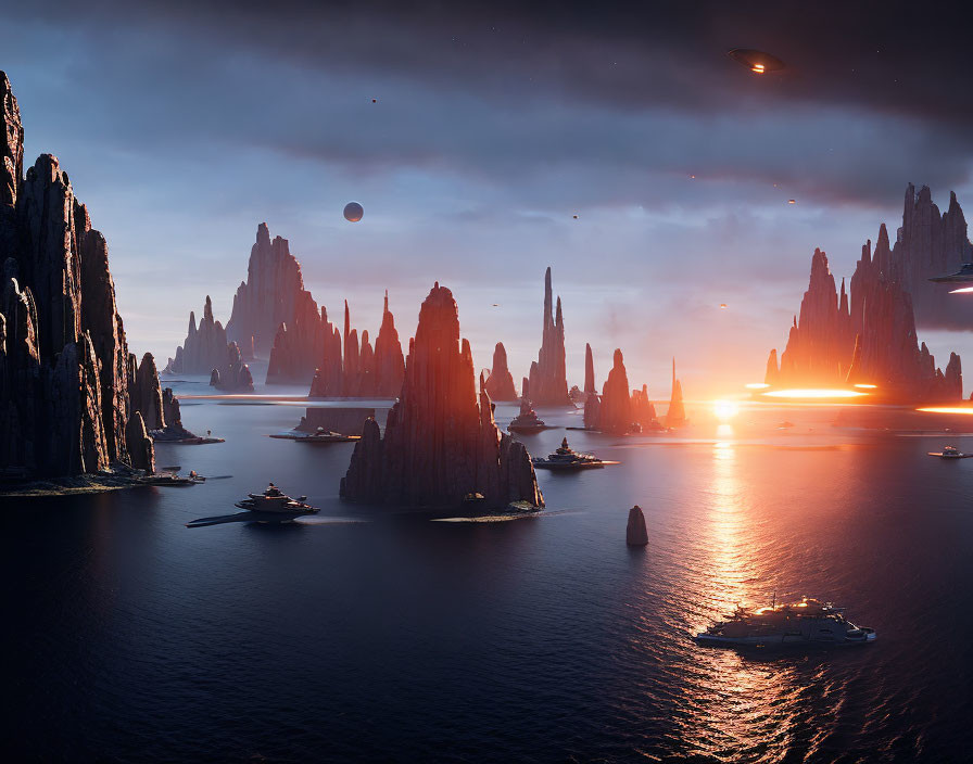 Sci-Fi Sunset Landscape with Rock Formations, Spaceships, and Planets