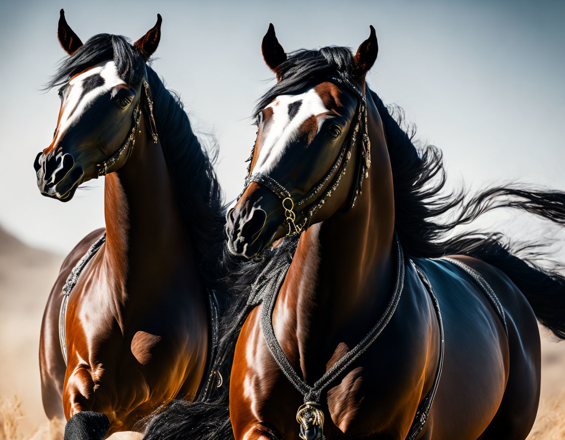 Majestic black horses galloping with focused expressions