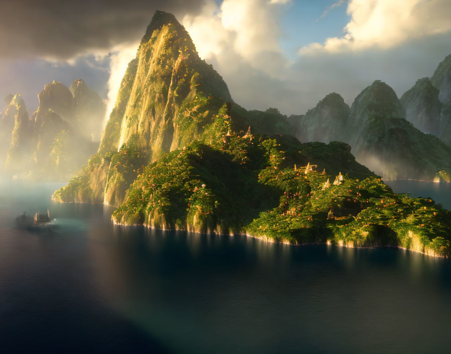 Sunlit cliffs and lush greenery in mystical landscape with serene waters and distant fog-shrouded peaks