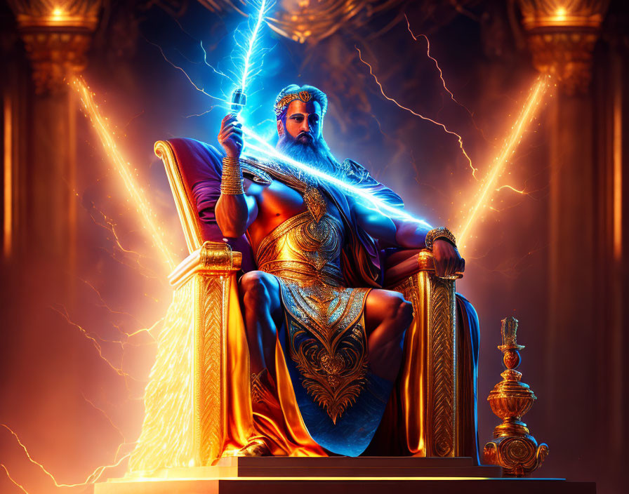 Bearded figure in golden armor on throne with lightning bolts