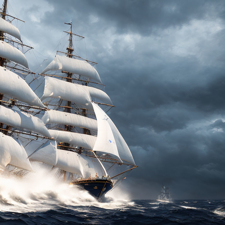 Tall Ship with Full Sails Sailing Choppy Seas under Brooding Skies