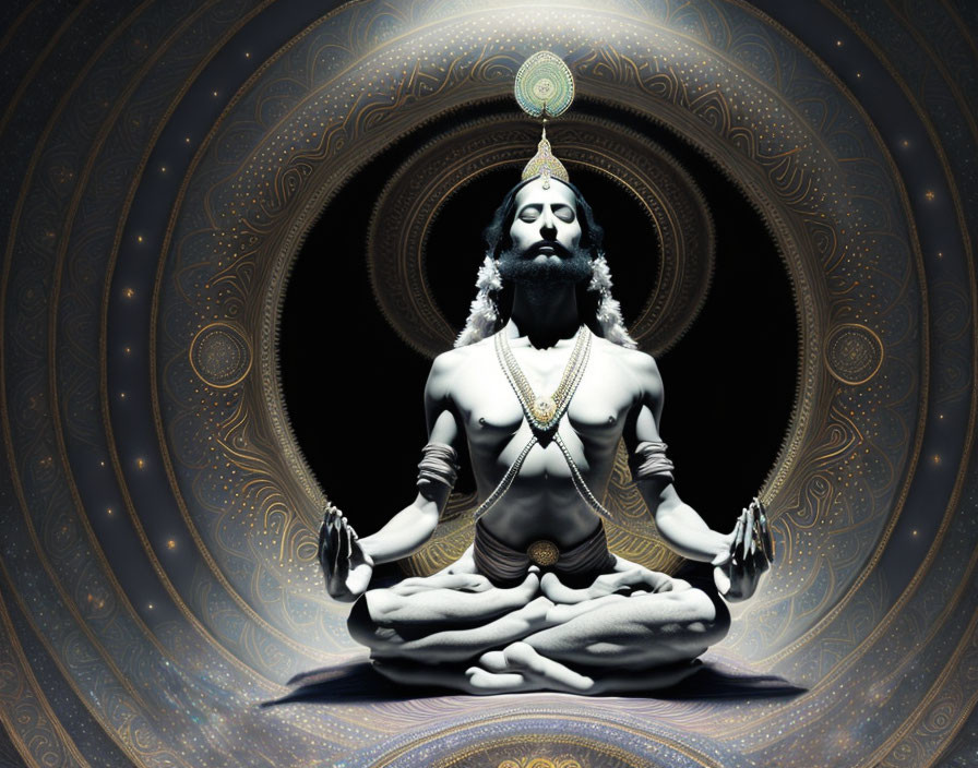 Meditating figure in lotus position with cosmic mandala background