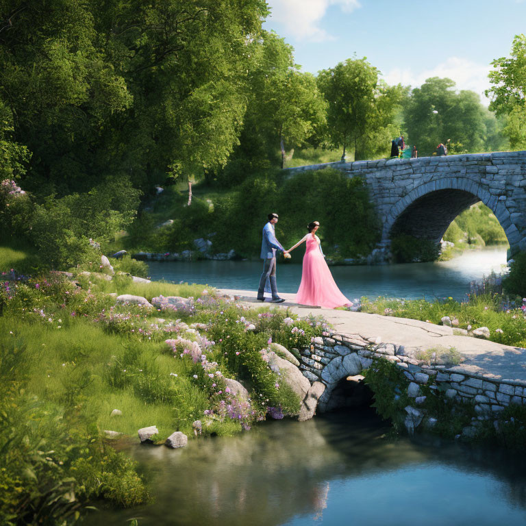 Formal couple on small bridge in lush green park with stone arch bridge.