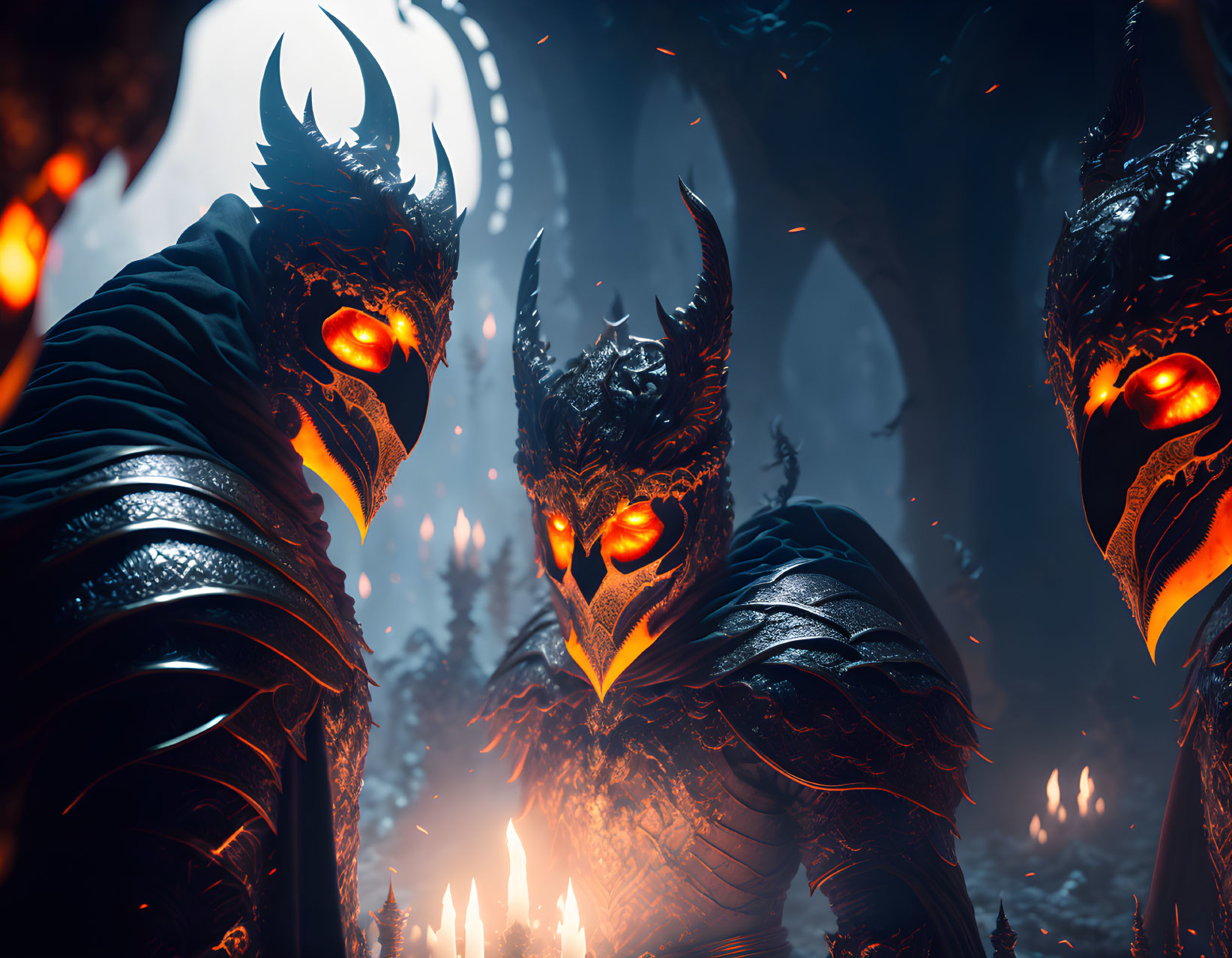 Dark figures in winged armor with glowing eyes in fiery forest setting