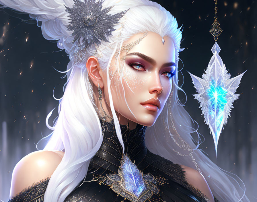 Fantasy illustration of pale woman with white hair and glowing pendant