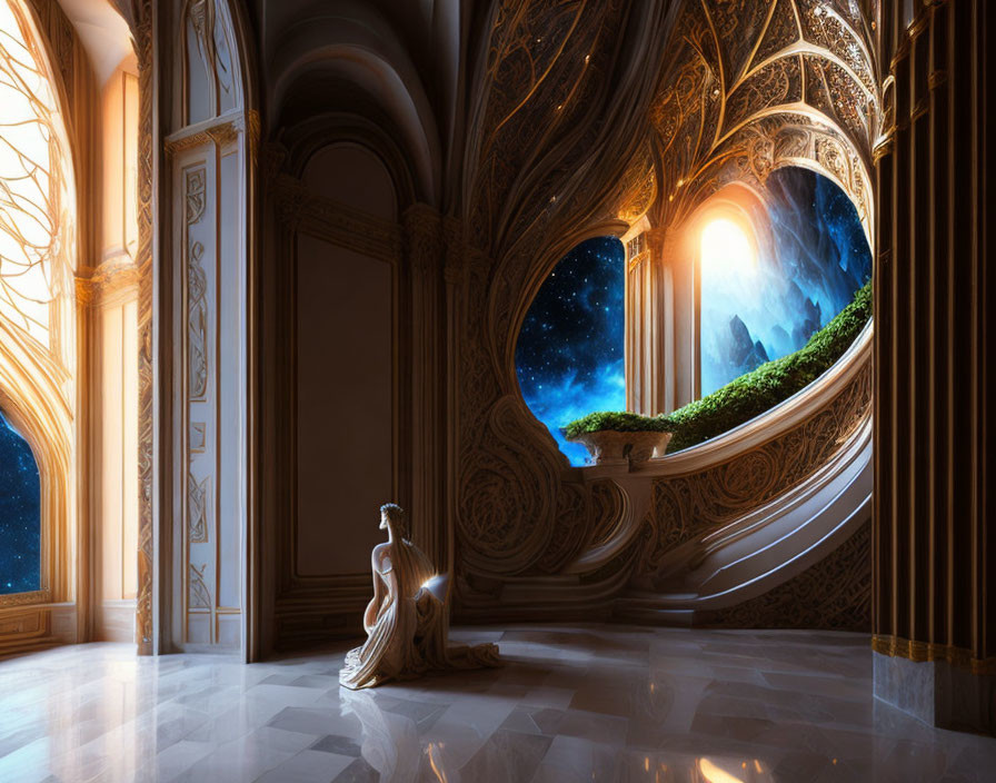 Woman in flowing dress contemplates in grand hallway with cosmic landscape view