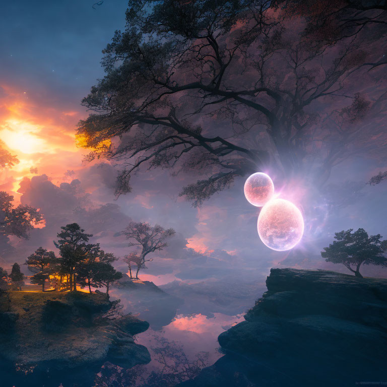 Mystical dusk landscape with large tree silhouette and glowing orbs