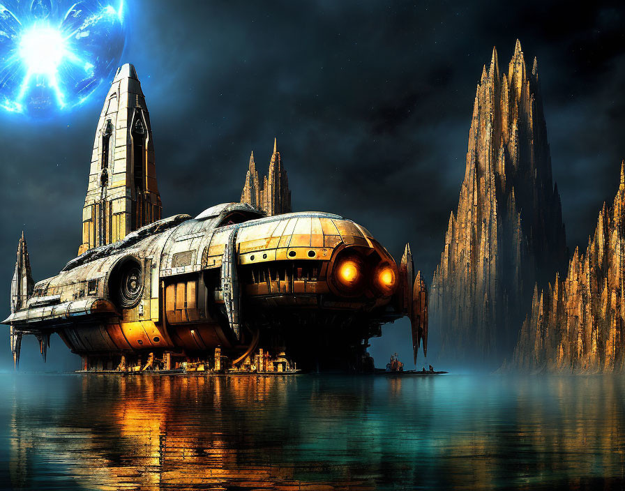 Futuristic spaceship on shore of luminous lake with towering rock formations