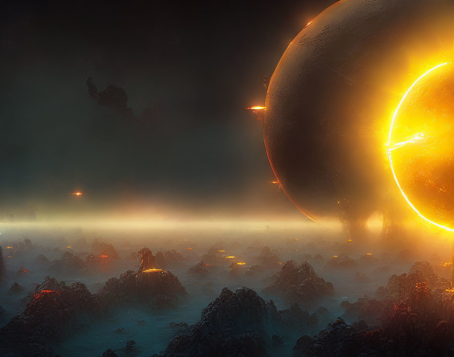 Dramatic Sci-Fi Landscape with Glowing Planet and Rocky Formations