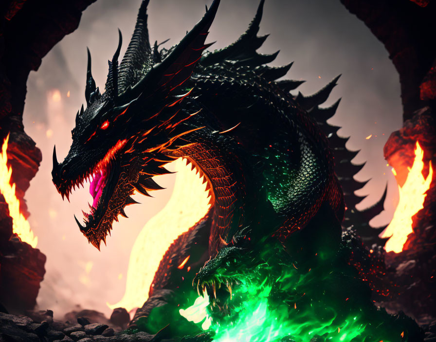 Black dragon breathing neon green flames in fiery rocky landscape